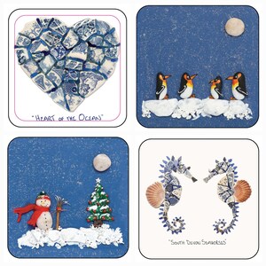May include: Four square art pieces. Top left: a heart made of blue and white ceramic pieces with the text "Heart of the Ocean". Top right: penguins on a blue background. Bottom left: a snowman and Christmas tree. Bottom right: seahorses with the text "South Devon Seahorses".
