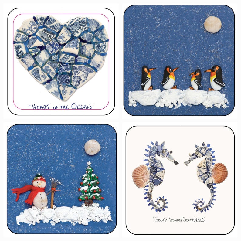 May include: Four square art pieces. Top left: a heart made of blue and white ceramic pieces with the text "Heart of the Ocean". Top right: penguins on a blue background. Bottom left: a snowman and Christmas tree. Bottom right: seahorses with the text "South Devon Seahorses".