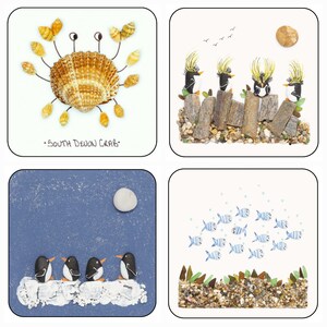 May include: Four square images featuring art made from natural materials. One image shows a crab made of seashells with the text "- SOUTH DEVON CRAB -". Another depicts penguins with yellow crests. A third shows penguins on a snowy surface. The last shows fish.