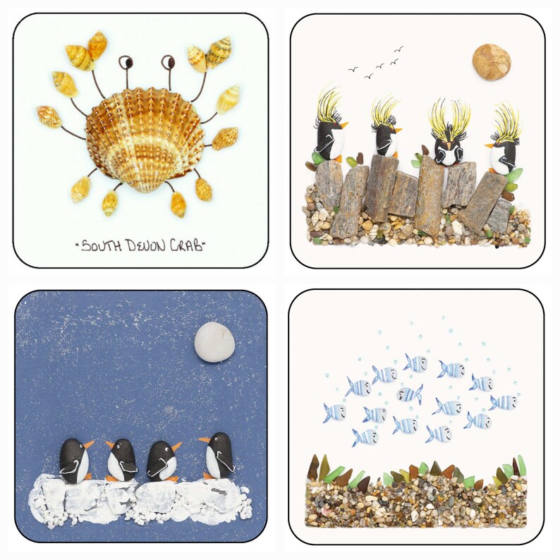 May include: Four square images featuring art made from natural materials. One image shows a crab made of seashells with the text "- SOUTH DEVON CRAB -". Another depicts penguins with yellow crests. A third shows penguins on a snowy surface. The last shows fish.
