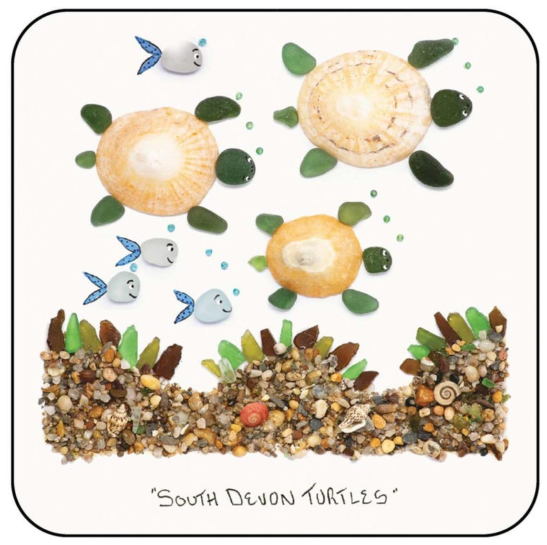 May include: An artistic depiction of sea turtles and fish made from natural materials. The turtles have shell bodies and green stone flippers. The fish are white with blue fins. The artwork is titled "South Devon Turtles".