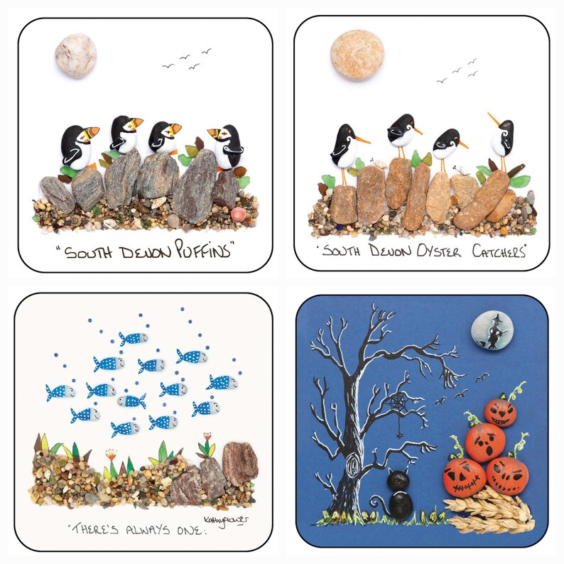 May include: Four square art pieces featuring pebble art. One shows puffins, another oyster catchers, a third depicts fish, and the last has a Halloween theme with pumpkins and a tree. Each piece has text at the bottom.