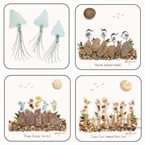 May include: Four square art prints featuring whimsical pebble art. One shows jellyfish, the others depict birds with text: "South Devon Terns", "Punk Rock Chicks", and "Gulls Just Wanna Have Fun". Each has a white background.