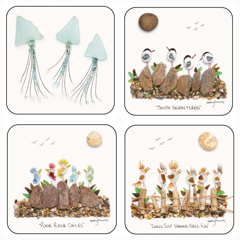 May include: Four square art prints featuring whimsical pebble art. One shows jellyfish, the others depict birds with text: "South Devon Terns", "Punk Rock Chicks", and "Gulls Just Wanna Have Fun". Each has a white background.