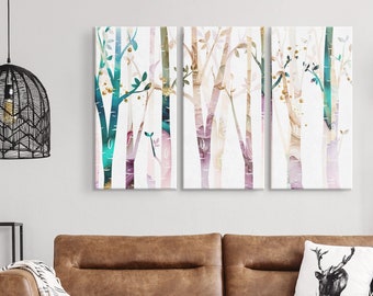 Spring Trees 3 Piece Wall Art Canvas Print Set, Forest and woodland landscape in springtime pastel shades