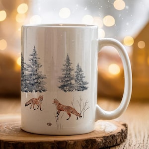Snow Day Coffee Mug, Cozy Season Foxes and Reindeer, Nature Woodland Themed Holiday Gift, White Christmas Mug