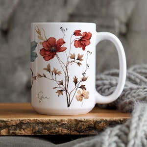 Custom Dried Flowers Mug, personalized name mug, pressed flower design