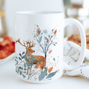 Colorful Fox and Deer Animal Coffee Mug, Scandinavian Christmas Mug, (The Nordic Woodland)