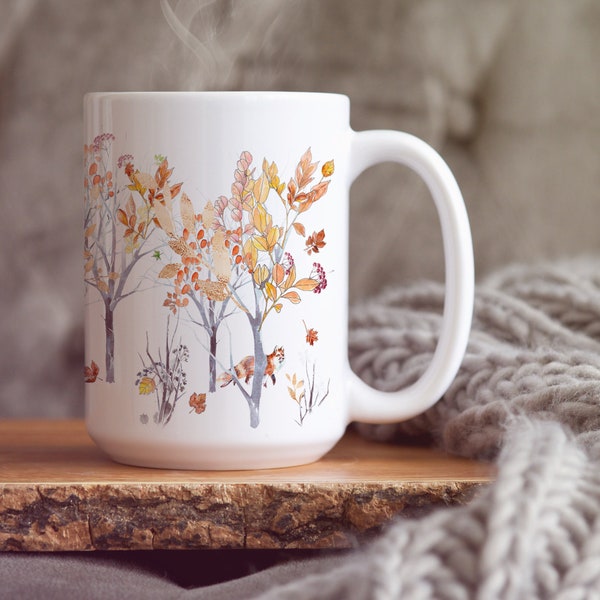 Autumn/Fall Mug with Woodland Animals, Seasonal Foliage Large Coffee, Cocoa, or Tea Mug