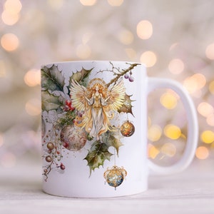Angel Holly Christian Christmas Mug, White and Gold Ceramic Coffee Mug, Evergreen Holly Christmas Tree, Christmas Gift, Holiday Present