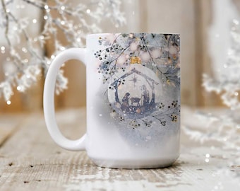 Nativity Bauble Mug, Christian Christmas Mug, Blue Holiday Coffee Cup, Illustrated Winter Mug
