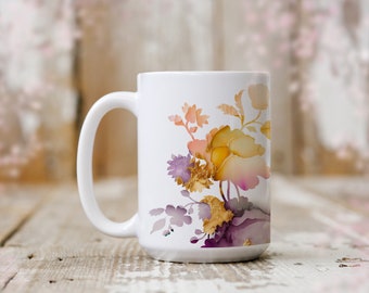 Spring Roses Mug, abstract flower mug for a yellows, pinks, and purple tea time, pretty cup for the floral season, gift mug for her