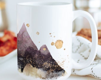 Twilight Mountain Mug, Wrap-around landscape coffee mug with gold accents, large mug, black and purple design 11oz or 15oz large cup