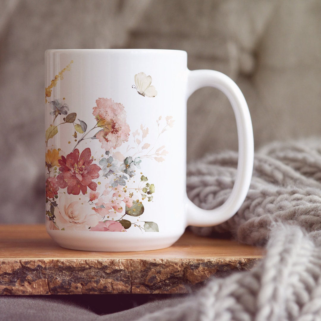 Floral Coffee Mug: Large Ceramic Tea Cup, Cottagecore Gardening Gift - Etsy