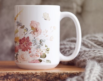 Floral Coffee Mug: Large Ceramic Tea Cup, Cottagecore Gardening Gift
