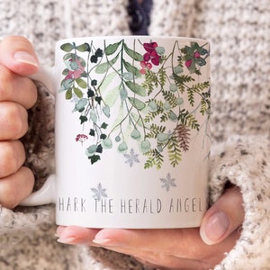 Hark, the herald angels sing, Christmas mug with illustrated winter twigs and berries, for festive times and cozy Christmas presents