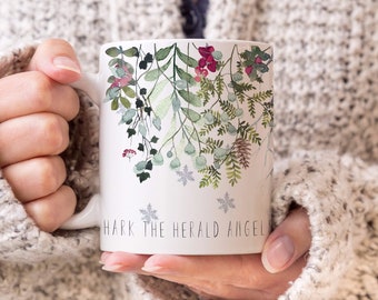 Hark, the herald angels sing, Christmas mug with illustrated winter twigs and berries, for festive times and cozy Christmas presents