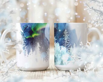 Northern Lights Mug, Winter Coffee Cup with Arctic Snow Landscape, Blue Christmas Mug