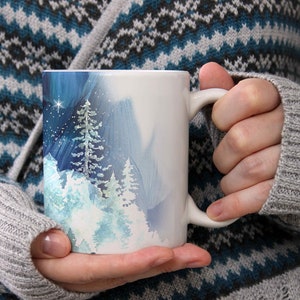 Northern Lights Mug, Winter Coffee Cup with Arctic Snow Landscape, Blue Christmas Mug