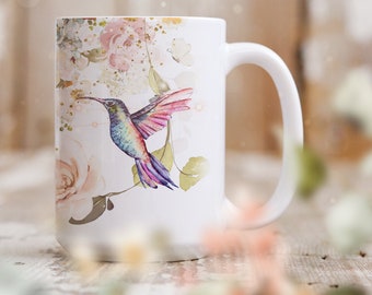 Hummingbud Mug, Hummingbird Gifts Coffee and Tea Mug, Colourful Watercolor Mug
