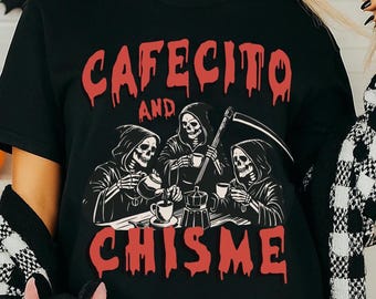Cafecito and Chisme Unisex Softstyle T-Shirt, Dia de Muertos, Halloween, Day of the Dead, Latina, Latino Shirt, Regalos en español