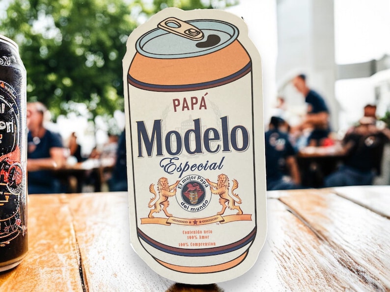 May include: A vintage-style illustration of a can of Modelo Especial beer. The can is yellow and white with a brown top and a red and white logo that says "Papa Modelo Especial El mejor Papa del mundo".
