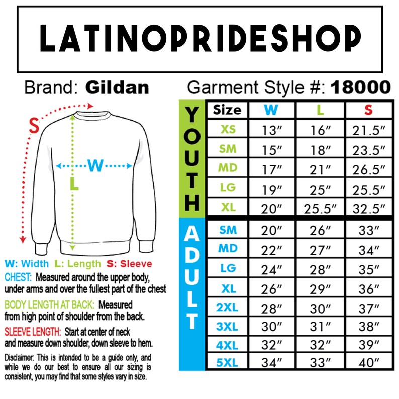 May include: A white graphic with the text "LATINOPRIDESHOP" and a size chart for Gildan sweatshirts. The chart includes measurements for youth and adult sizes, detailing chest, body length, and sleeve length in inches.