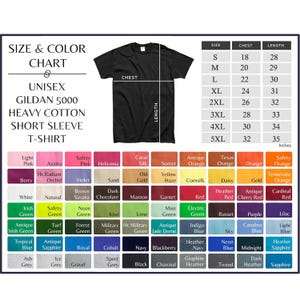 May include: Unisex Gildan 5000 heavy cotton short sleeve t-shirt size chart with chest and length measurements in inches. The chart shows sizes from S to 5XL. A color chart with over 100 color options is also included.