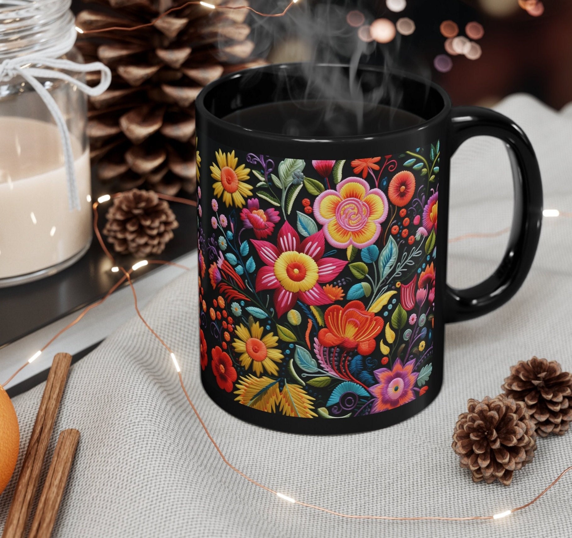 Mexican Floral Mug: 3D Embroidery Effect, Latina Gift (11oz Black