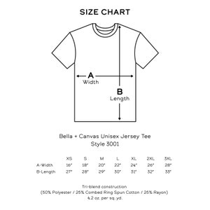 May include: A size chart for a Bella + Canvas Unisex Jersey Tee, style 3001. The chart shows measurements for width and length in inches, ranging from XS to 3XL. The tee is a tri-blend construction of polyester, cotton, and rayon.