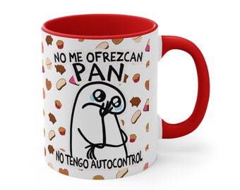 May include: White ceramic mug with a red rim and handle. The mug features a cartoon illustration of a person with a sad expression and the text "NO ME OFREZCAN PAN. NO TENGO AUTOCONTROL" in Spanish.