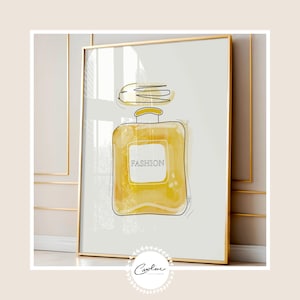 Handgetekende gouden parfumflesje kunst digitale print vrouwelijke mode wanddecoratie instant download in jpeg-formaat | Cadeau voor de fashionista