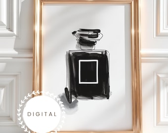 Arte mural de perfume dibujado a mano, elegante decoración de pared francesa monocromática, descarga digital instantánea en formato JPEG