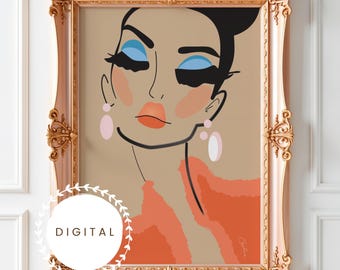 Hand-Drawn Modern Fashion Portrait Wall Art Decor Instant Digital Download in JPEG Format