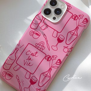 Artist's iPhone Case | Hand-Drawn Line Art | Pink C'est la Vie Phone Cover