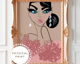 Portrait d'illustration de mode rose glamour | Art mural dessiné à la main, imprimé sur du papier satiné mat