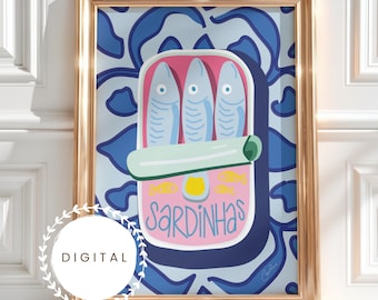 Portugiesische Sardinen | Handgezeichnete Fisch-Wandkunst | Sofortiger digitaler Download im JPEG-Format