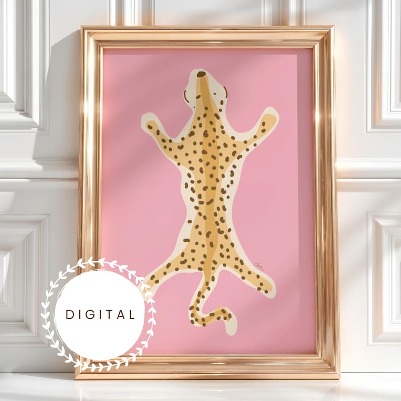 Hand-Drawn Leopard Wall Art Pink Cheetah Decor Instant Digital Download in JPEG Format image 1