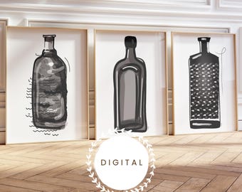 Hand-Drawn Masculine Wall Art (Set of 3) Whiskey Bottle Instant Digital Download in JPEG Format