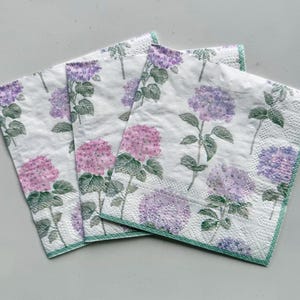 3 servilletas de cóctel con flores de hortensia en tonos pastel para decoupage