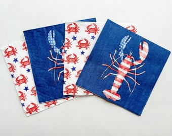 4 Red, White & Crusteacean Cocktail Napkins for Decoupage