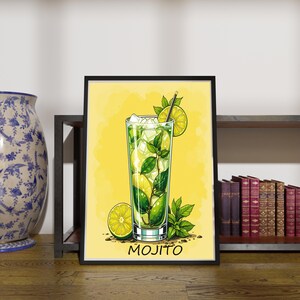 Mojito Art Print Cocktail Poster Summer Drink Wall Art Mint Lime Bar Decor Watercolor Cocktail Illustration Tropical Kitchen Poster Mixology