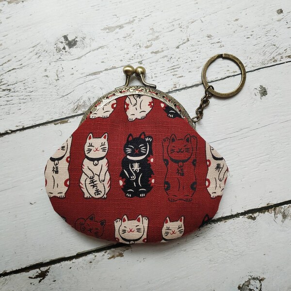 Metal Frame Coin Purse, Clasp Coin Purse, Kisslock Purse, Kisslock change pouch - Lucky Cat, Fortune Cat, Gift for her