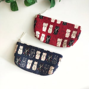Maneki-Neko Zipper Pouch / Coin Purse or Pencil Case - Japanese Traditional Pattern -  Lucky Cat