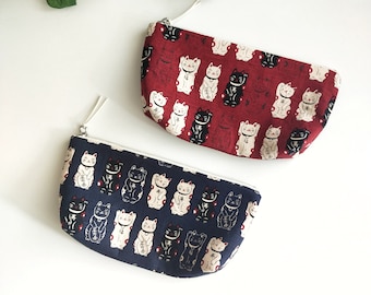 Zipper Pouch, Japanese Indigo, Pencil Case, Glasses Case, Lucky cat