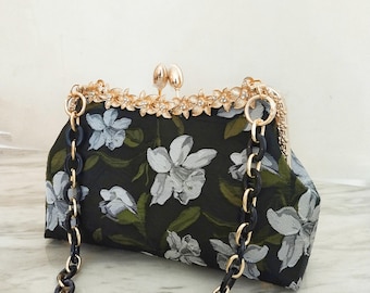 Bolso clutch floral grande, embrague de gran tamaño, bolso clutch con marco de metal floral, embrague con cierre de cierre de beso con correa, regalo para ella