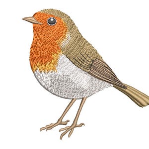 May include: An embroidered patch of a European robin featuring a bright orange chest, a brown back and wings, a white belly, and thin light brown legs. The bird is depicted in profile facing left with a small beak and a dark eye with a white highlight.
