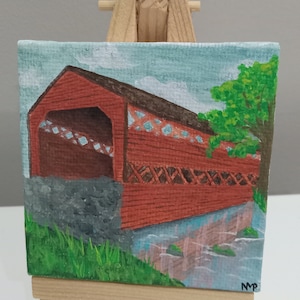Mini Leinwand - Überdachte Brücke - Winzige Bild - Schreibtisch Decor