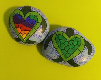 Turtle heart painted rock