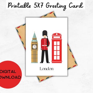 London Calling City Big Ben Red Telephone Box King's Guard Iconic London Scenes - Printable Blank Greeting Card 5" X 7" - Digital Download